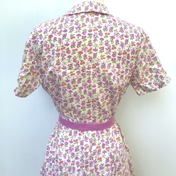 Vintage 60’s pink & purple floral cotton button down belted shirt dress - Picture 7 of 12
